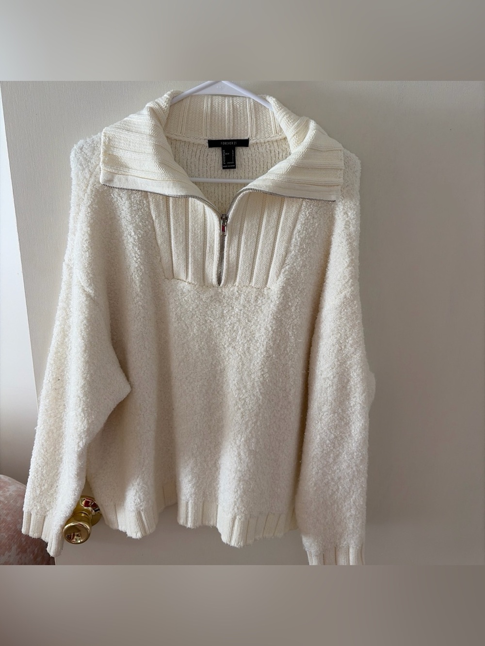 Forever 21 Ivory Half-Zip Teddy Turtleneck Sweater